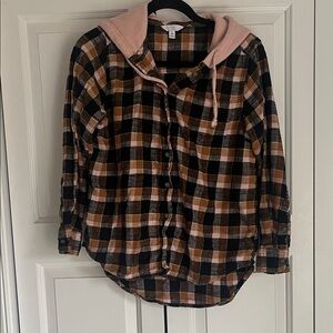 Time and Tru Black and Brown Plaid Shirt with Pink Hood